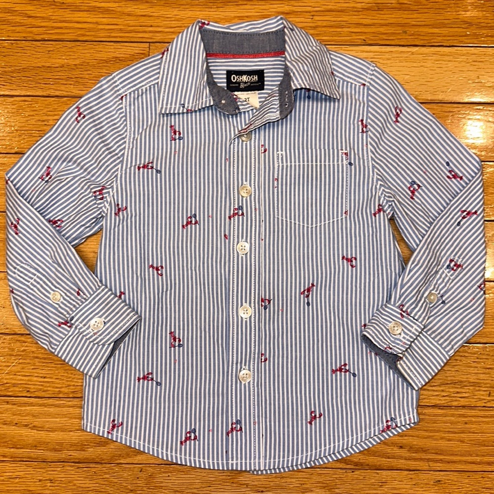 Osh Kosh Button Down Up Collared Long Sleeve Dress Shirt Boys 2T Lobster Stripe